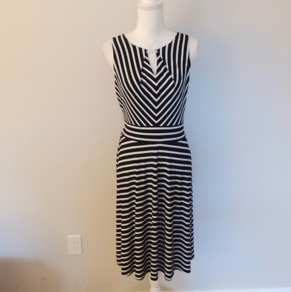 DR Collection Dress Black and White Stripe with Silver Metal Neckline Bar